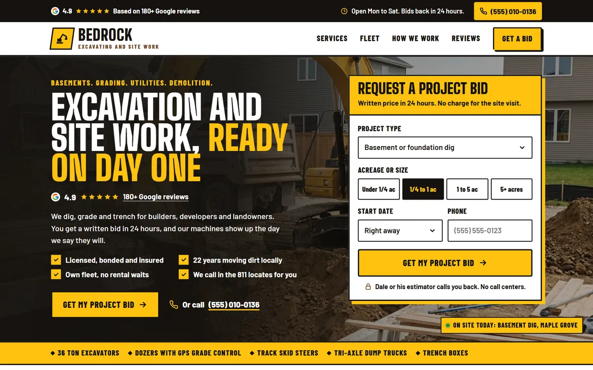 Bedrock Excavating and Site Work website design on a laptop