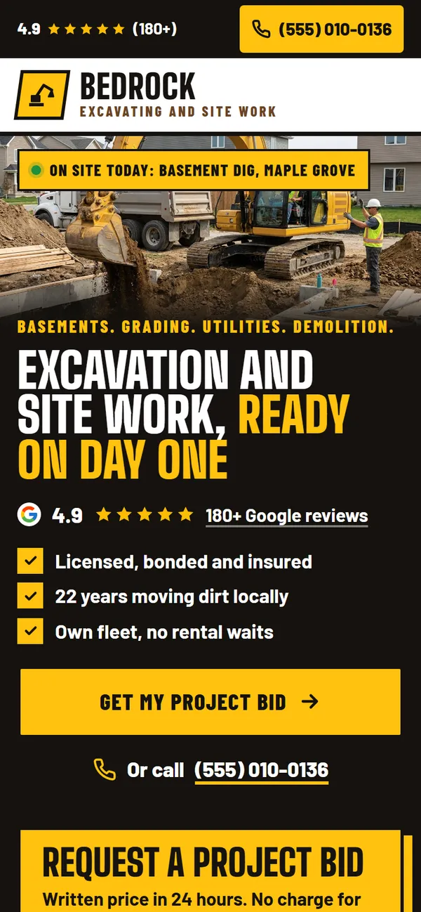 Bedrock Excavating and Site Work website design on a phone