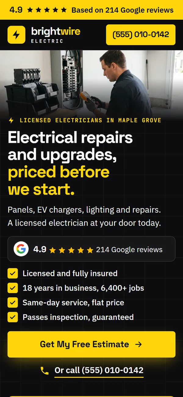 Brightwire Electric website design on a phone