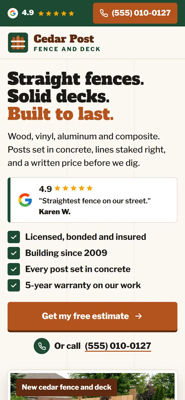 Cedar Post Fence and Deck website design on a phone