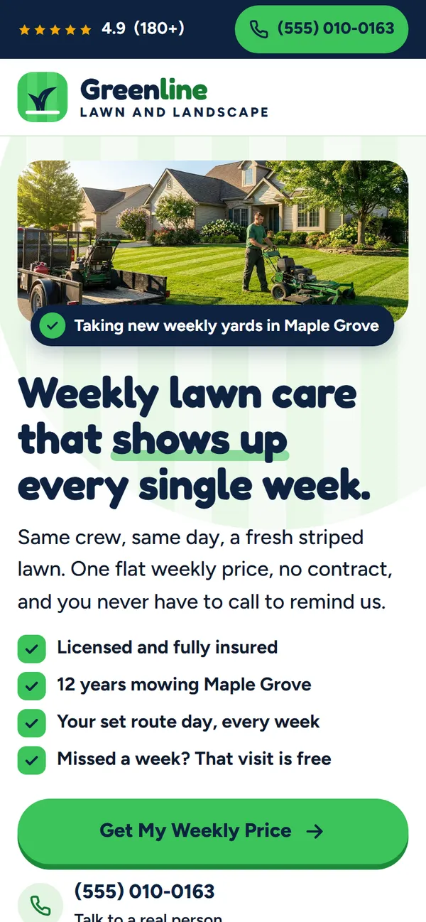 Greenline Lawn and Landscape website design on a phone