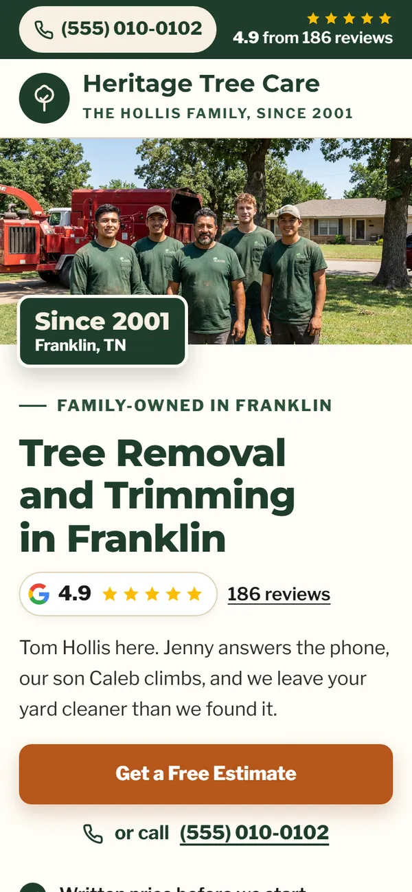 Heritage Tree Care website design on a phone