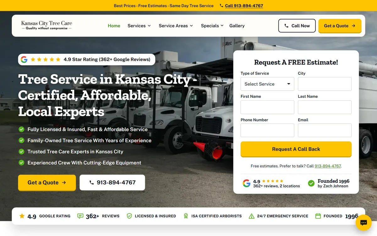 Kansas City Tree Care website design on a laptop