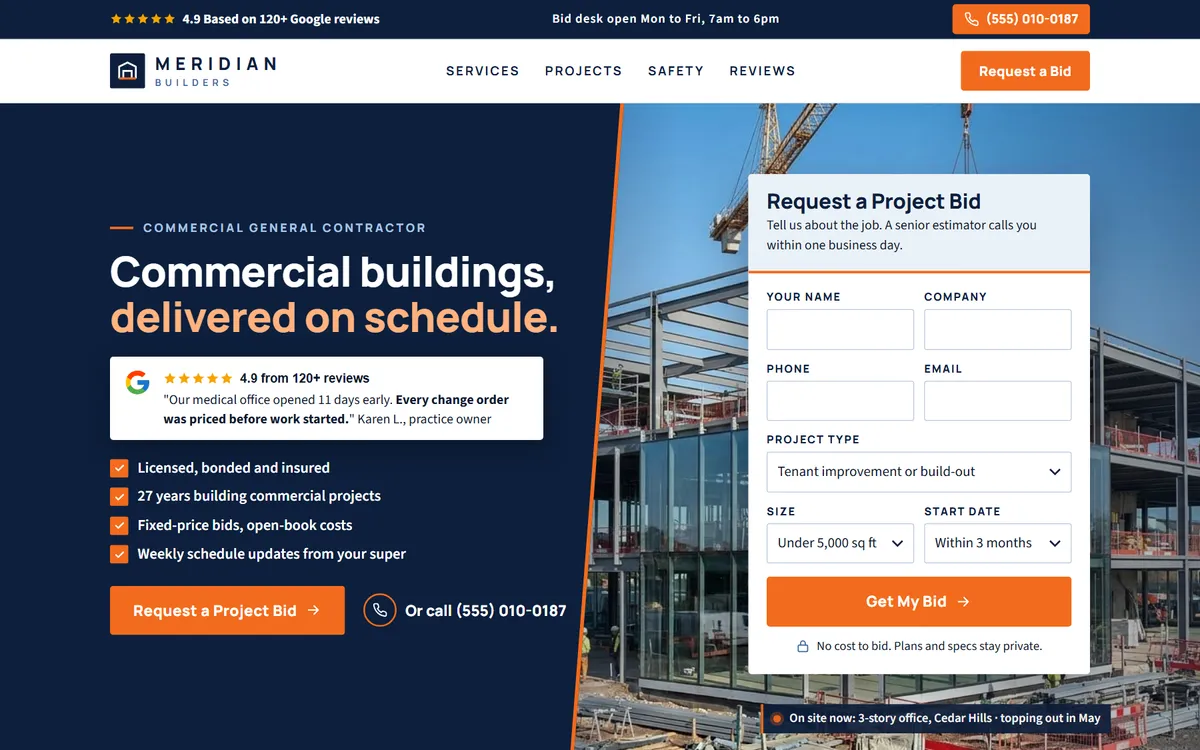 Meridian Builders website design on a laptop