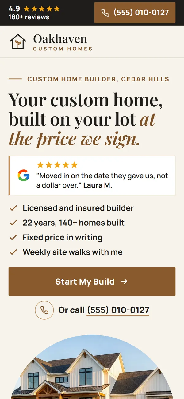 Oakhaven Custom Homes website design on a phone