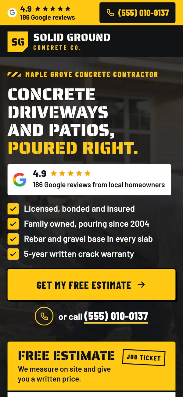 Solid Ground Concrete website design on a phone