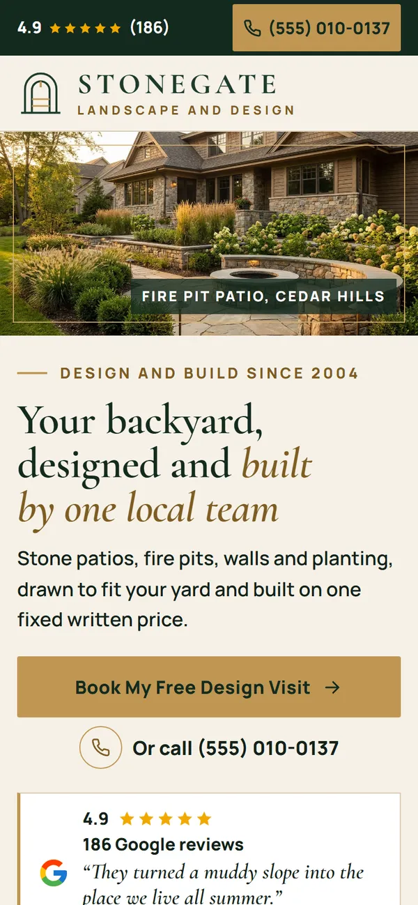 Stonegate Landscape and Design website design on a phone