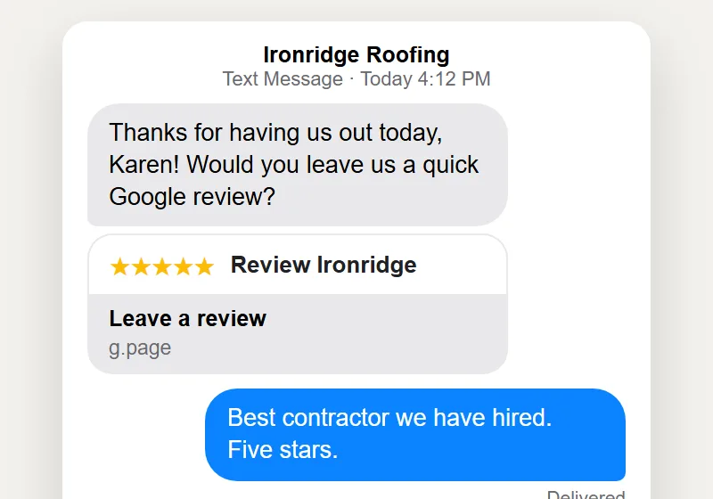 A Review Text After Every Job: contractor website