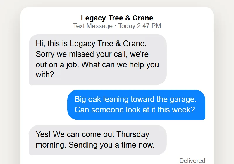 Missed Calls Get A Text Back: tree service website