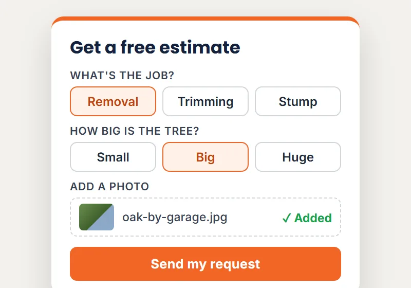 A Form That Asks About The Job: tree service website