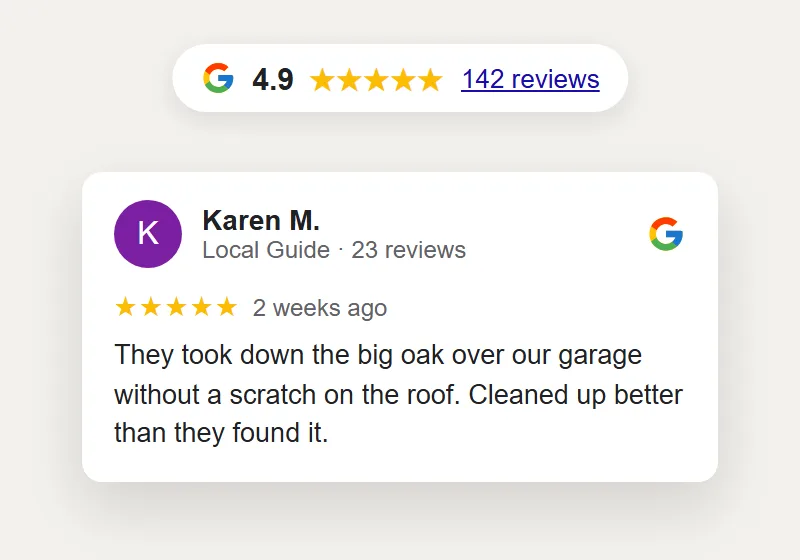 Your Google Reviews Up Front: tree service website
