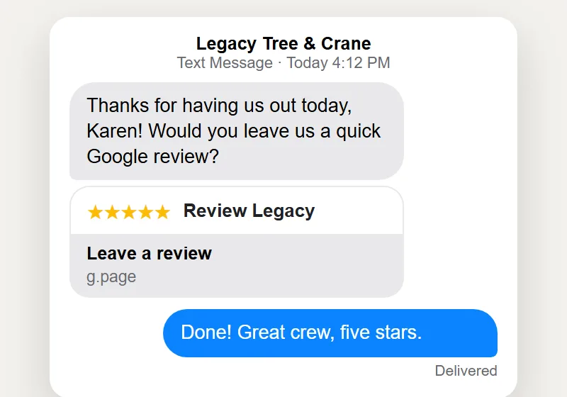 A Review Text After Every Job: tree service website