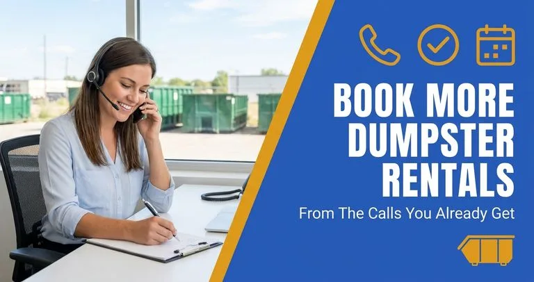 Dumpster company dispatcher on the phone booking a roll-off rental