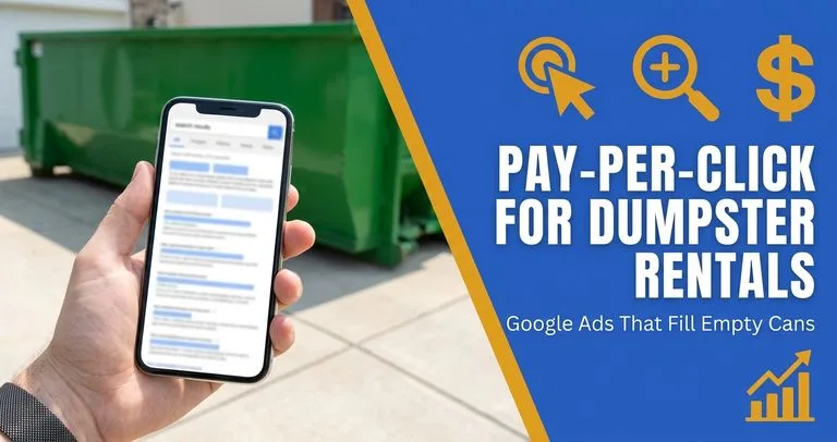 Phone showing search results for a dumpster rental in front of a roll-off dumpster