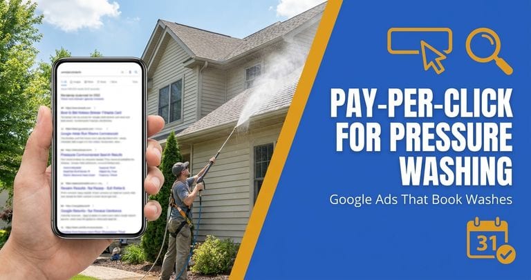 Phone with search results in front of a house being soft washed