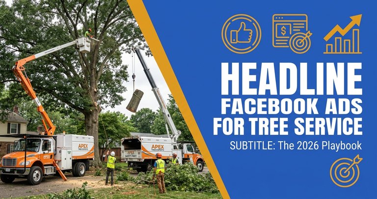 Tree service crew running a crane and bucket truck on a large residential removal, the kind of action footage that performs in Facebook ads