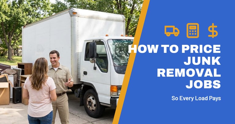 Junk removal owner talking with a homeowner next to a box truck and a pile of boxes in the driveway