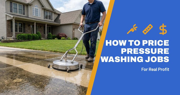 Pressure washing technician cleaning a concrete driveway with a surface cleaner in front of a suburban home
