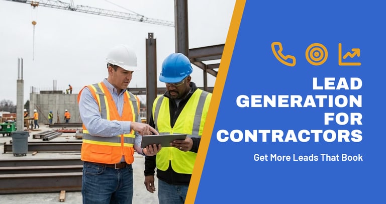 Two contractors in safety vests reviewing job leads on a tablet at a construction site